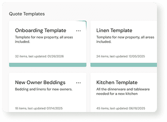 Quote templates including onboarding, linen, and new owner bedding presets.