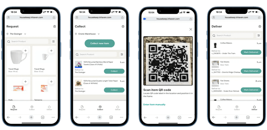 Housekeep App showing Request, Collect, QR Scan, and Deliver screens