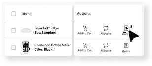 Inventory list with quote action on line items.