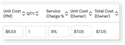 Quote table showing unit cost, quantity, service charge percentage, and owner-facing line totals.