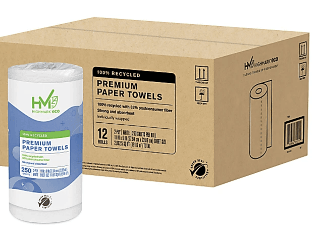 Highmark® ECO 2-Ply Premium Paper Towels, 9" x 11", 100% Recycled, 250 Sheets Per Roll, (Pack of 12 Rolls)