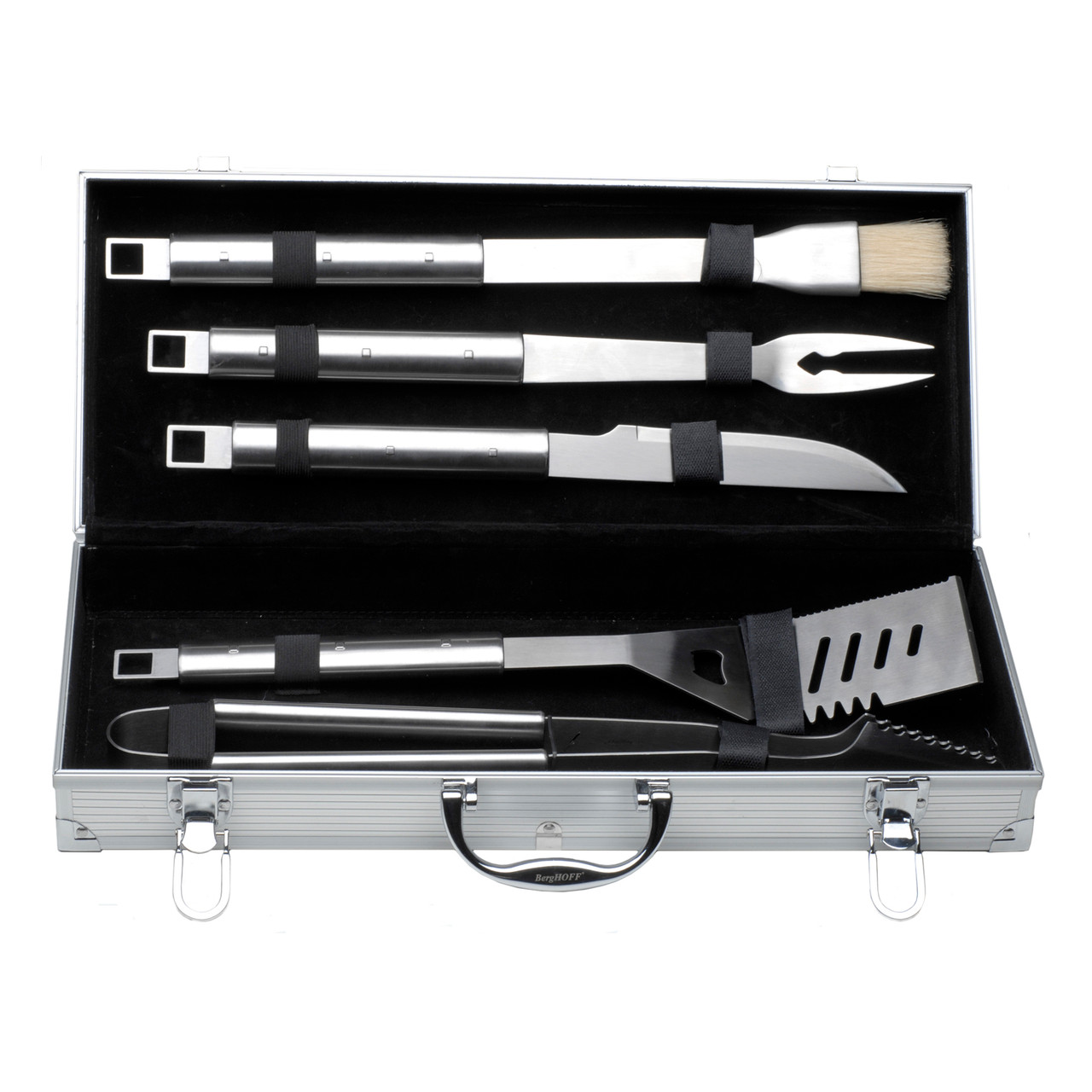 A set of stainless steel bbq utensils organized in an aluminum carrying case