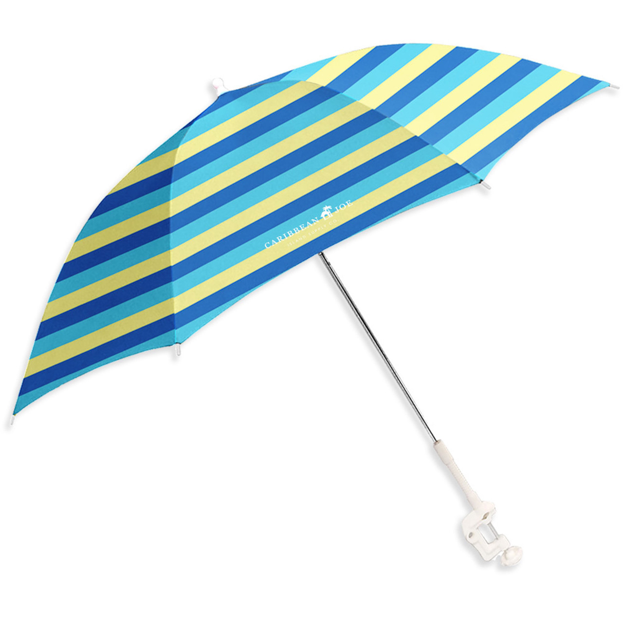 A large striped beach umbrella with blue, yellow, and green stripes.