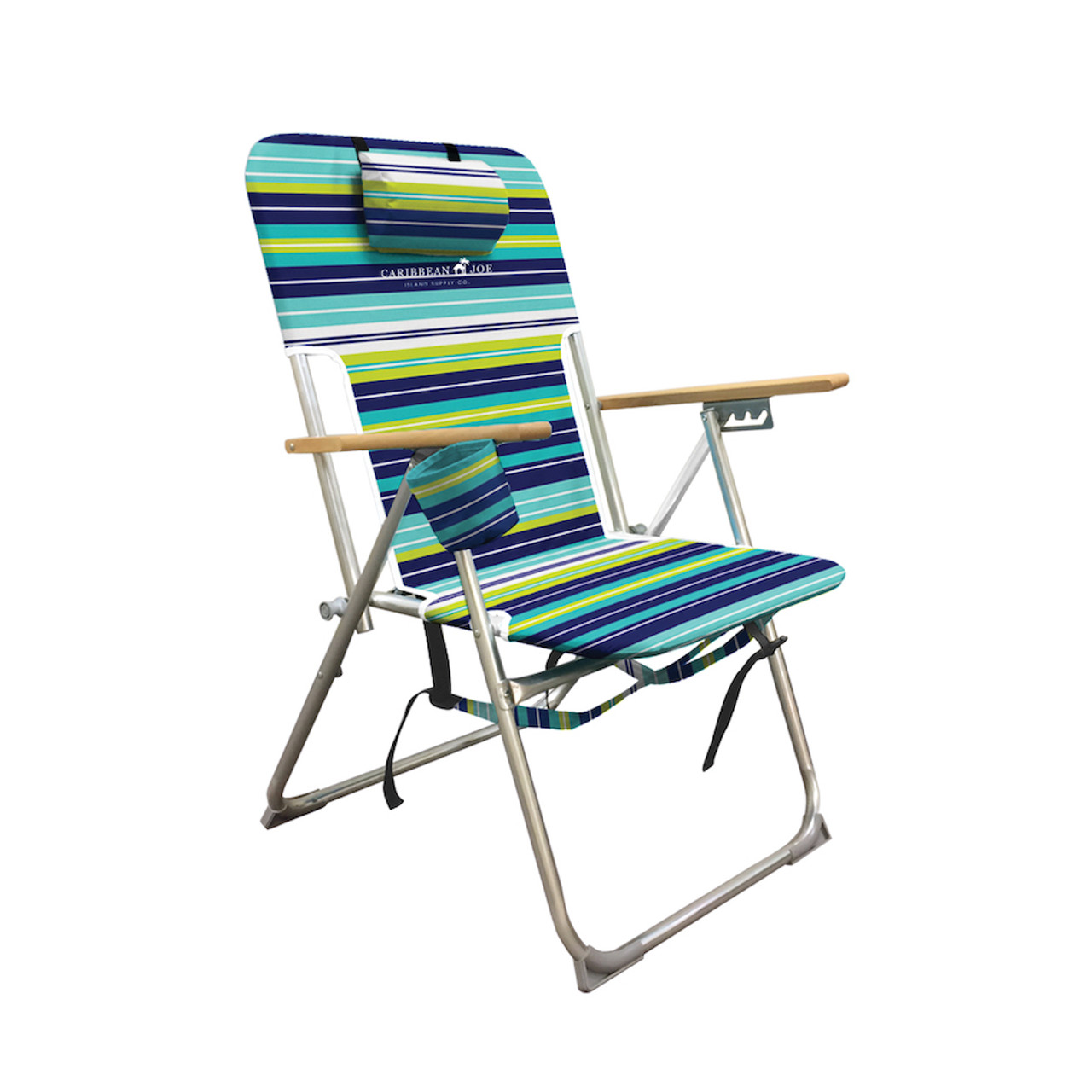 A large striped beach chair with blue, yellow, and green stripes.