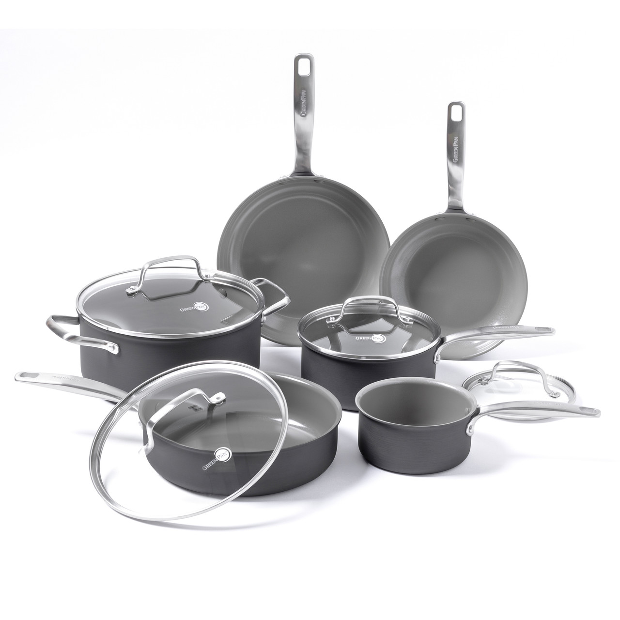 Six ceramic pots and pans with class lids