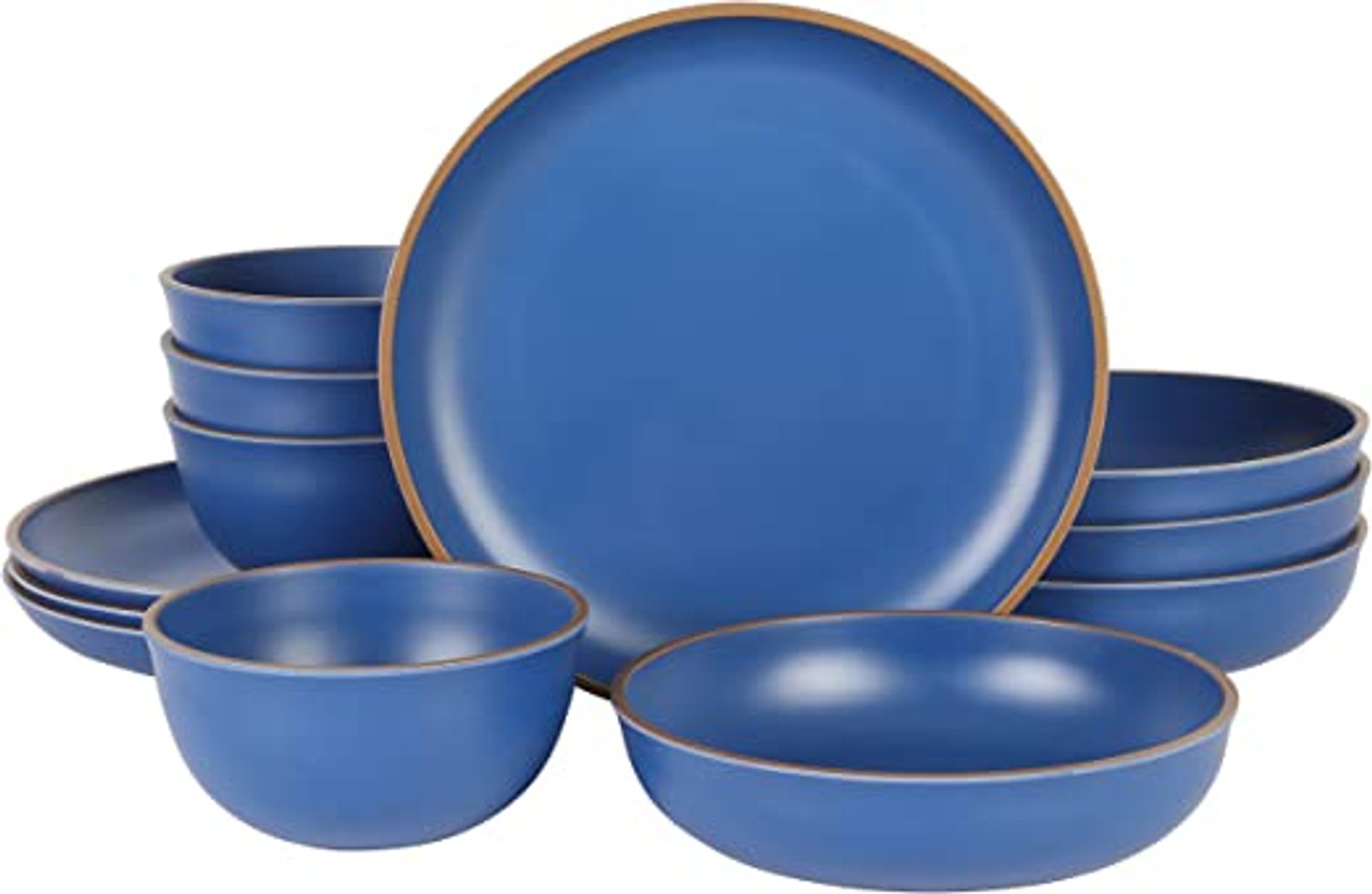 A neatly stacked 12 piece set of blue melamine plates and bowls.