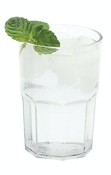 A small 12 oz acrylic tumbler filled with a clear beverage, garnished with a sprig of mint.