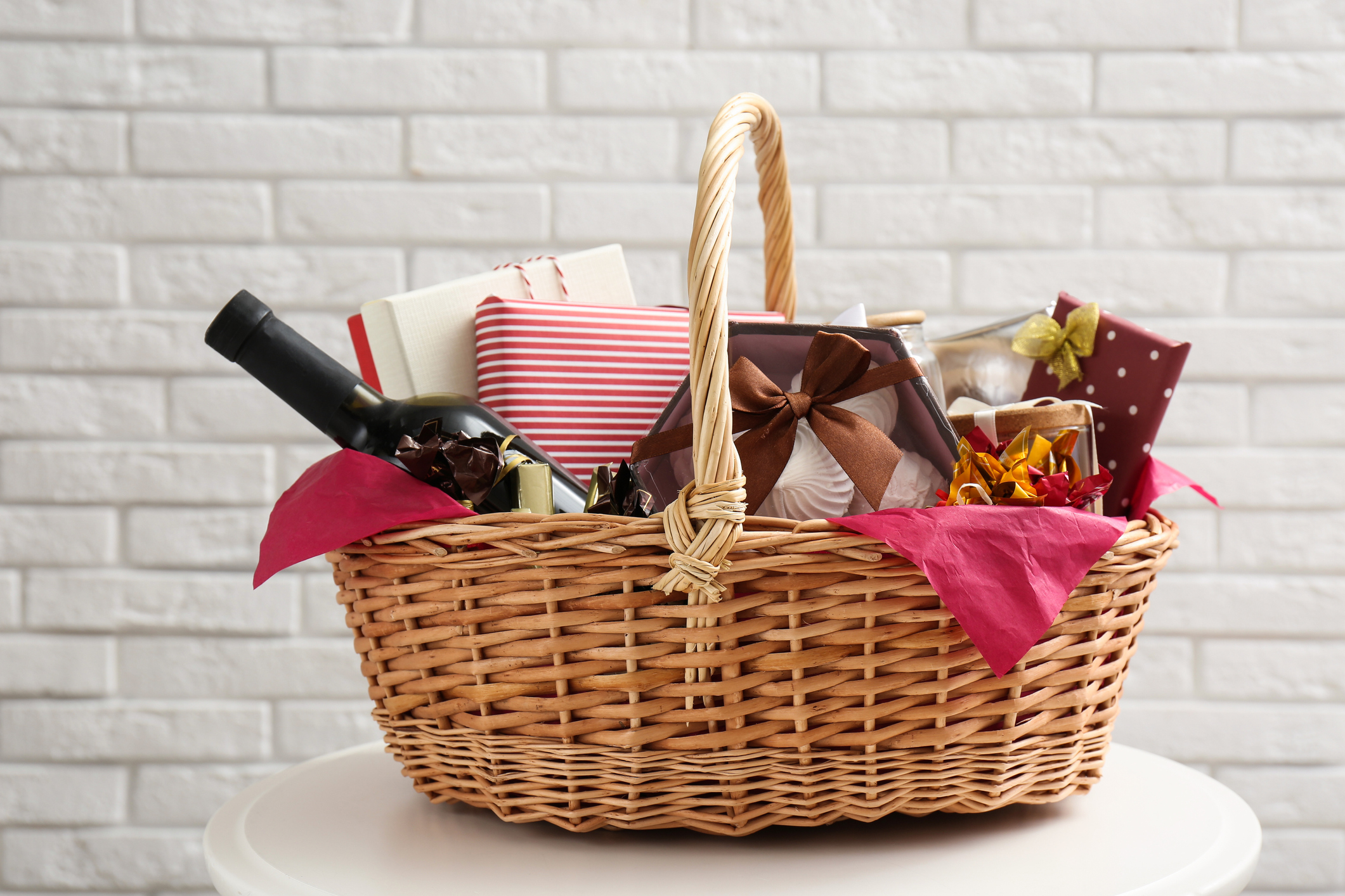 welcome basket with wine and chocolate